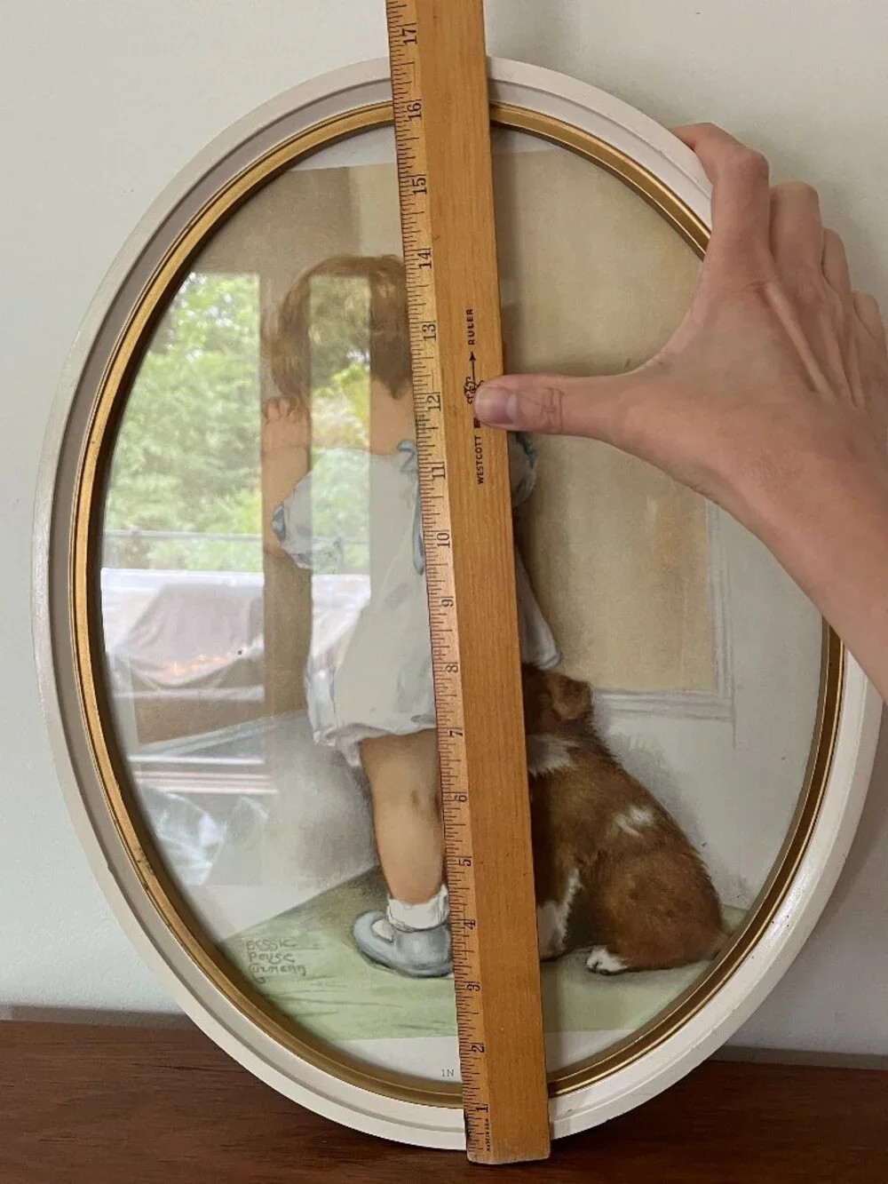 Vintage In Disgrace Oval Framed Print By Bessie Pease Gutmann Girl & Corgi Dog